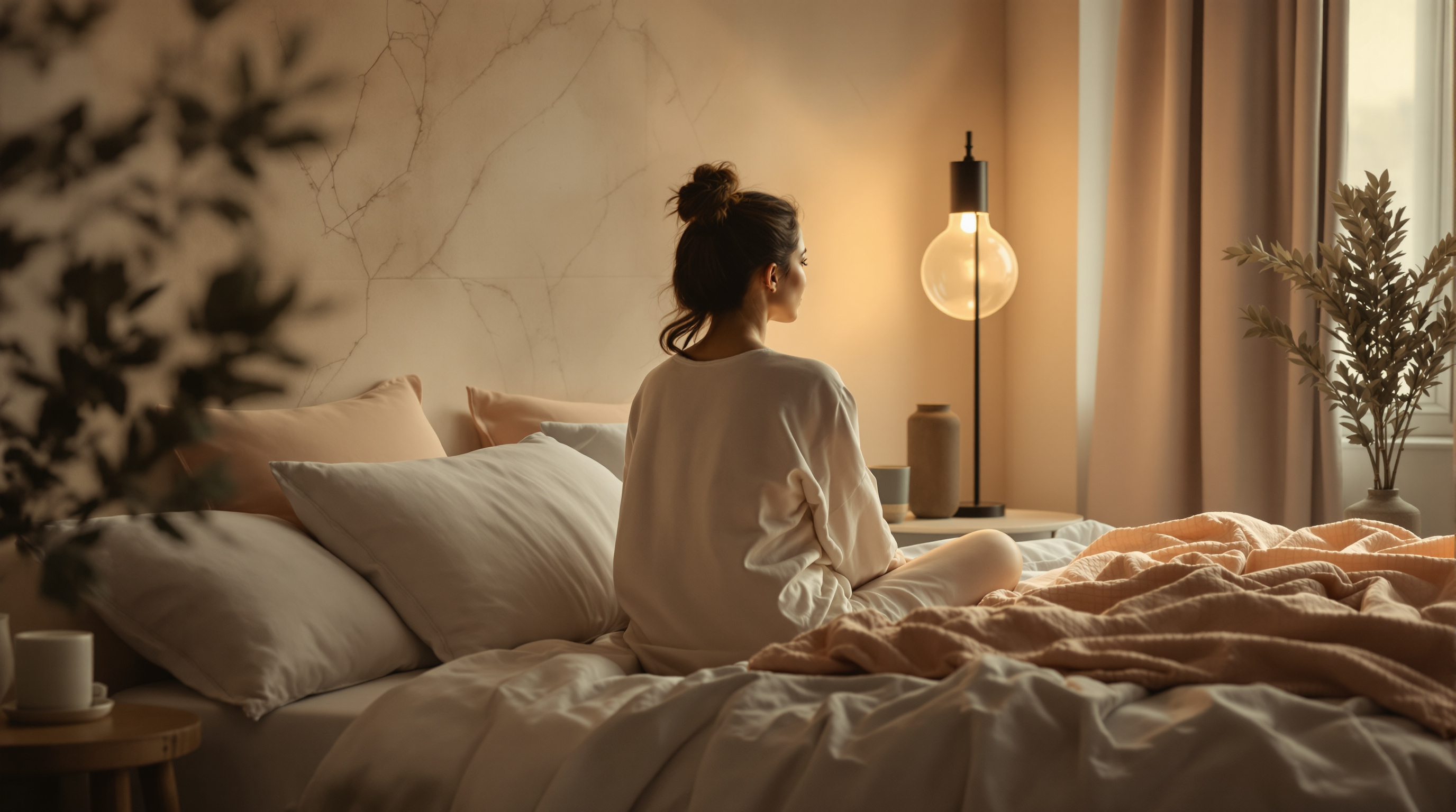A woman sitting on a bed in warm evening lamplight, winding down before sleep