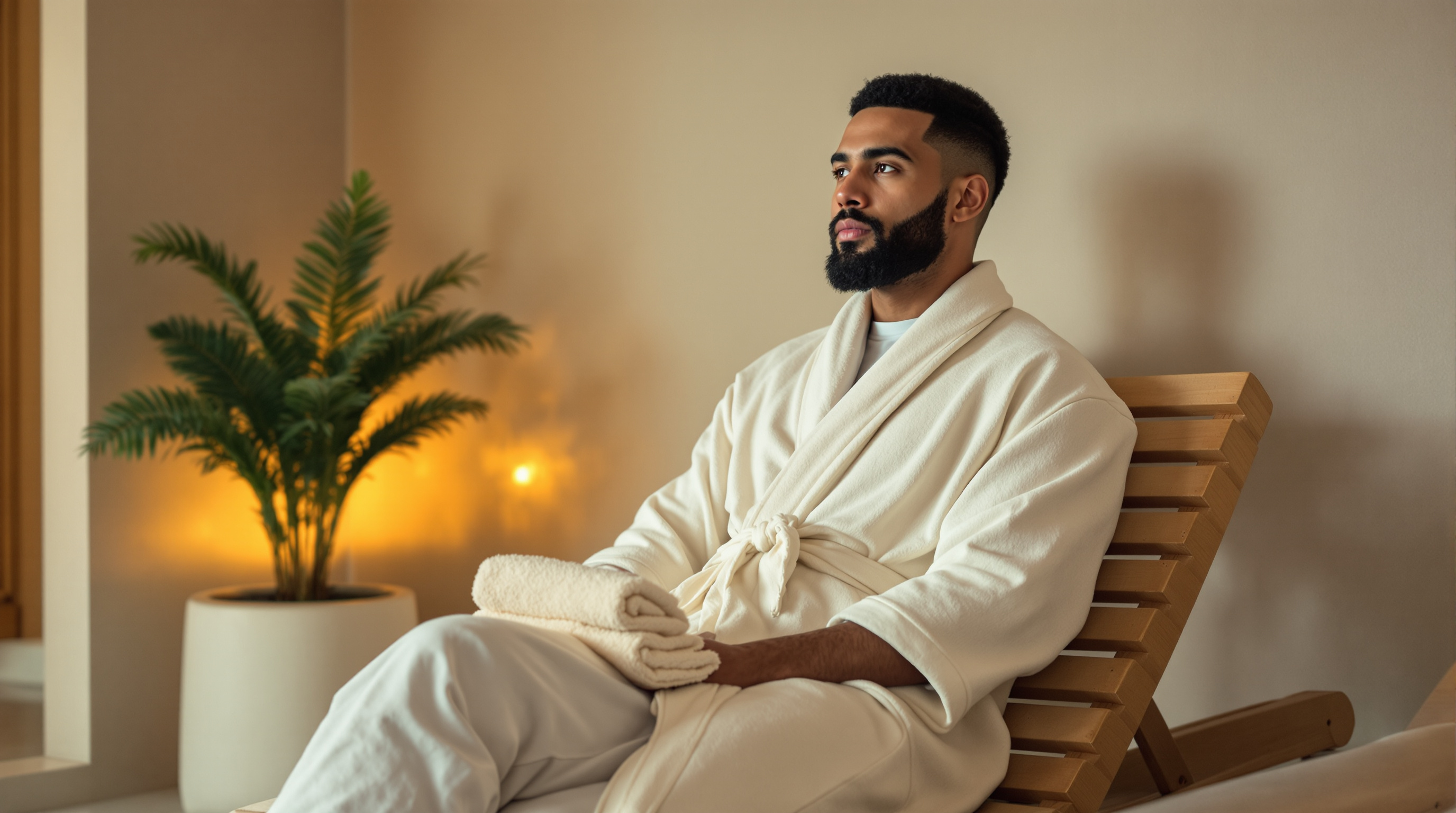 A man sits on a lounger in a quiet spa with a folded towel