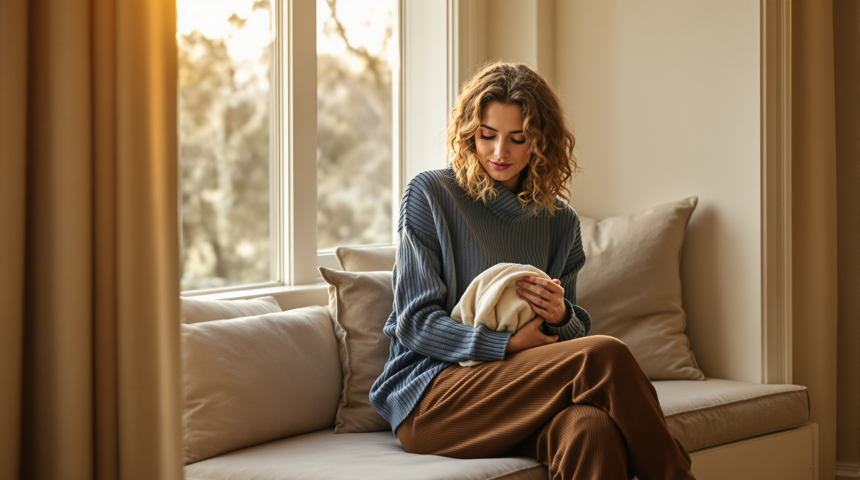 A woman sits on a window seat with a folded scarf