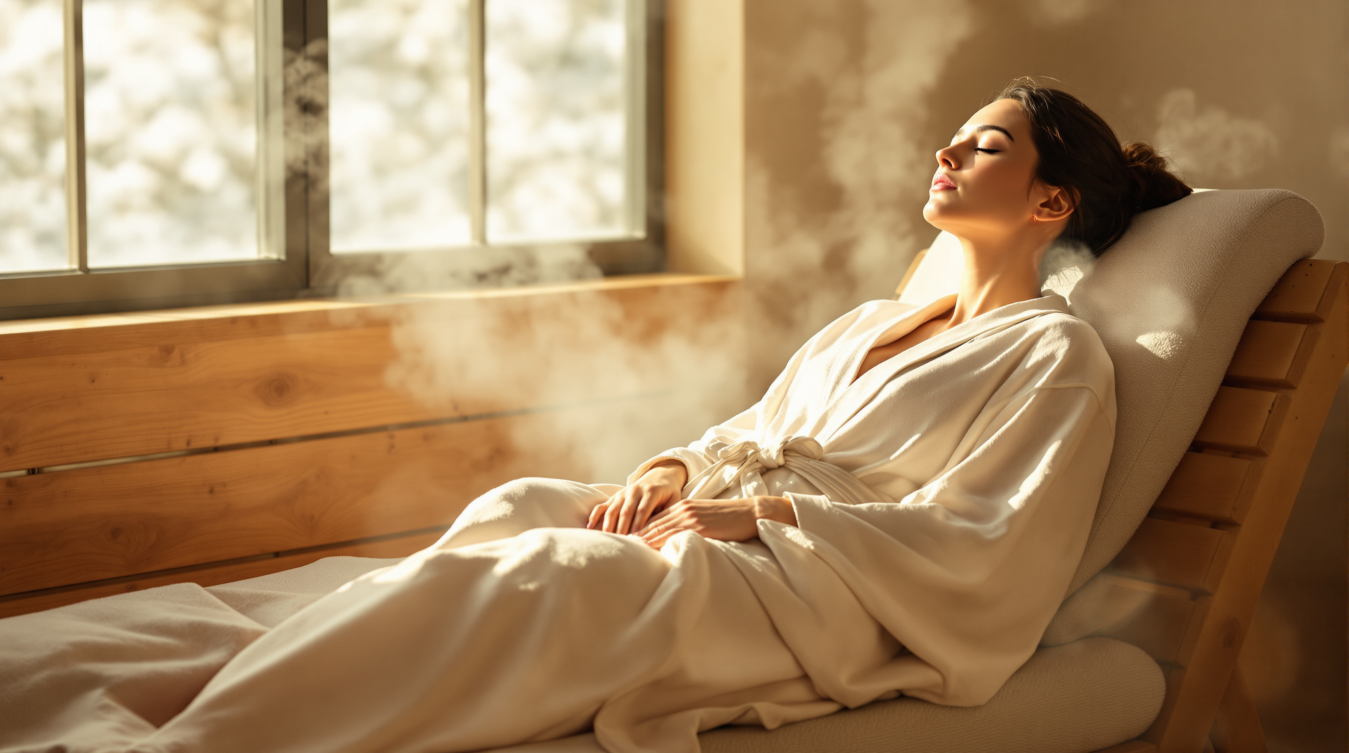 A woman in a linen robe resting on a cedar bench in a quiet spa lounge, eyes closed in soft window light