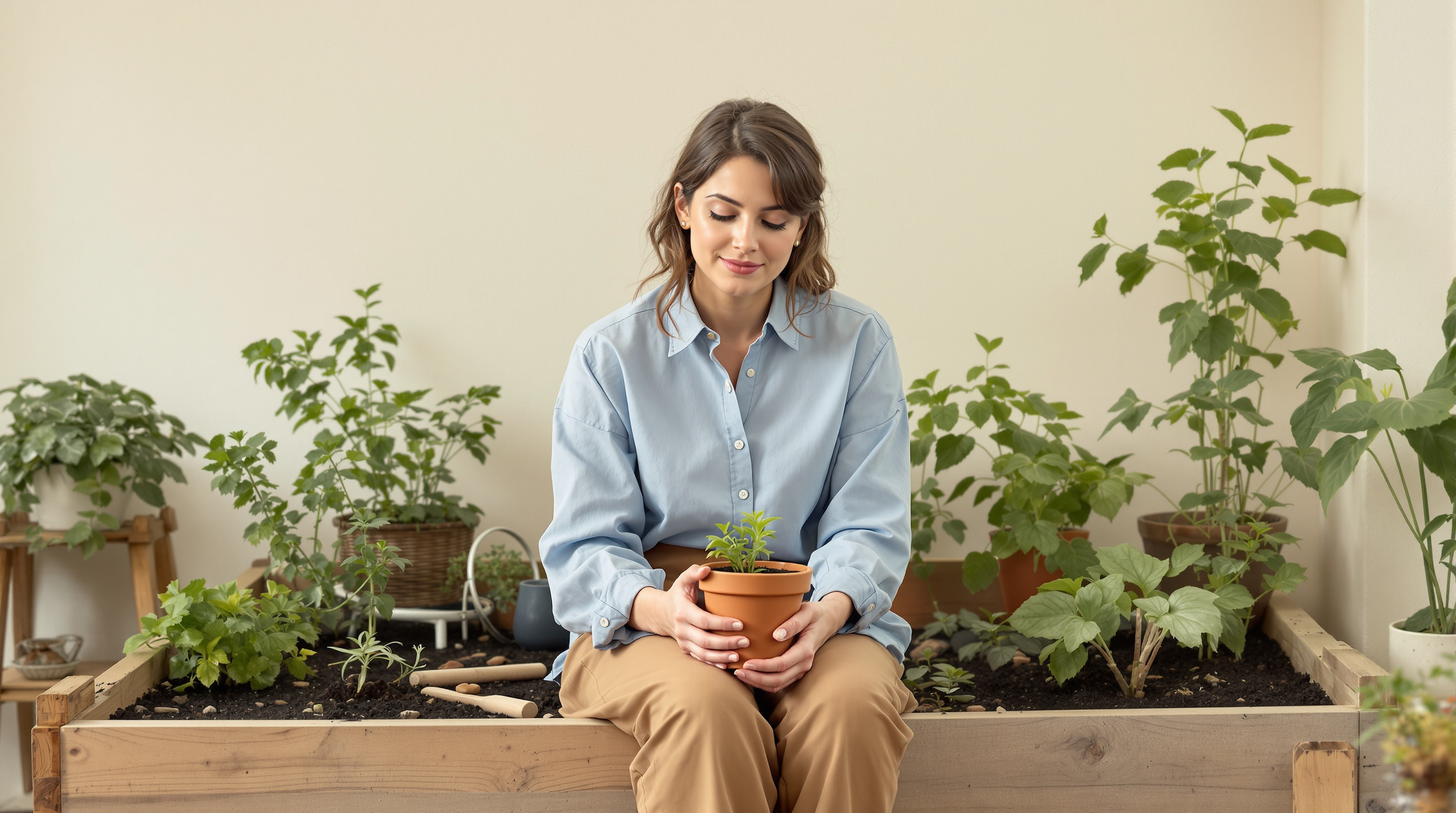 A woman sits beside a raised garden bed holding a small pot of seedlings