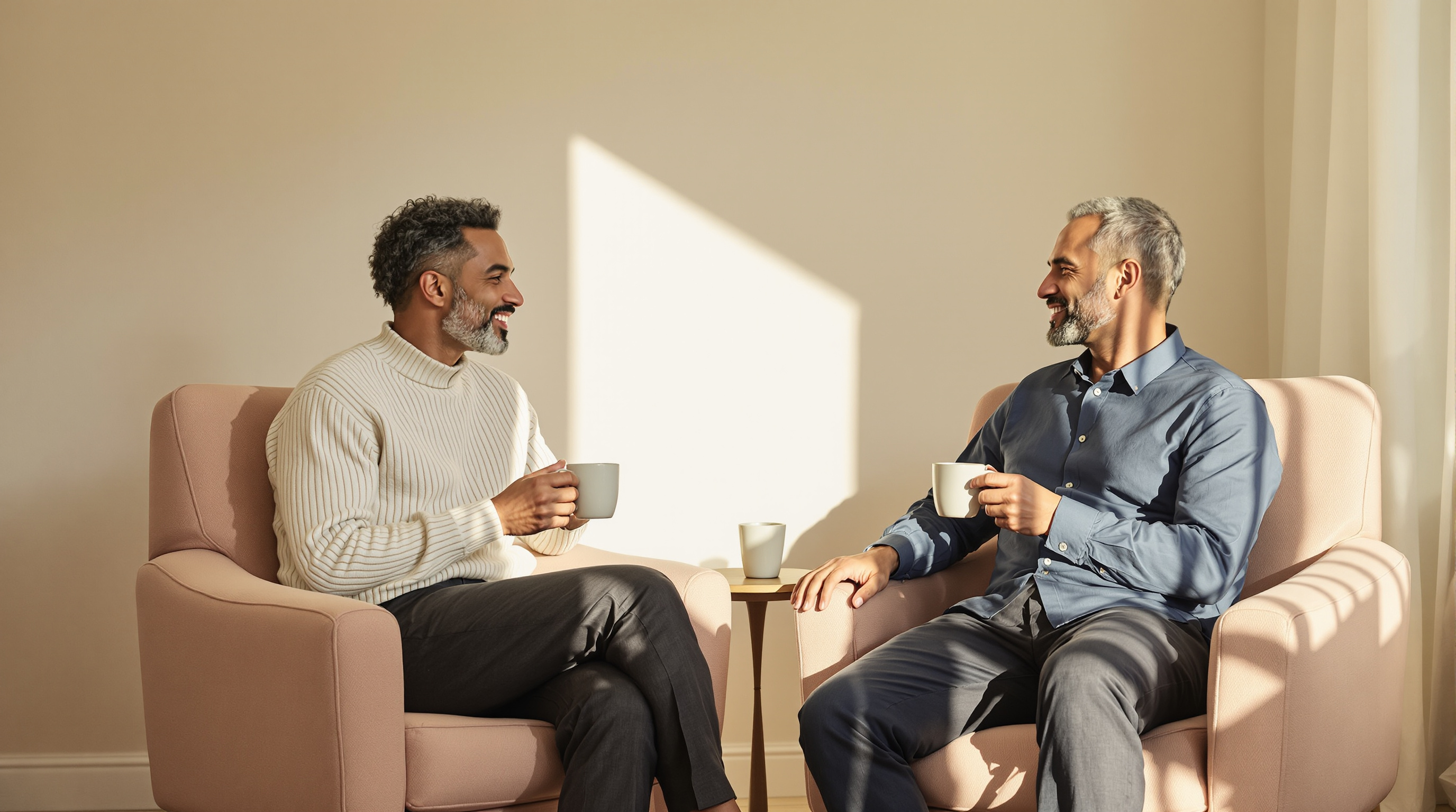 Two friends in armchairs talk over plain mugs in a quiet sunlit room