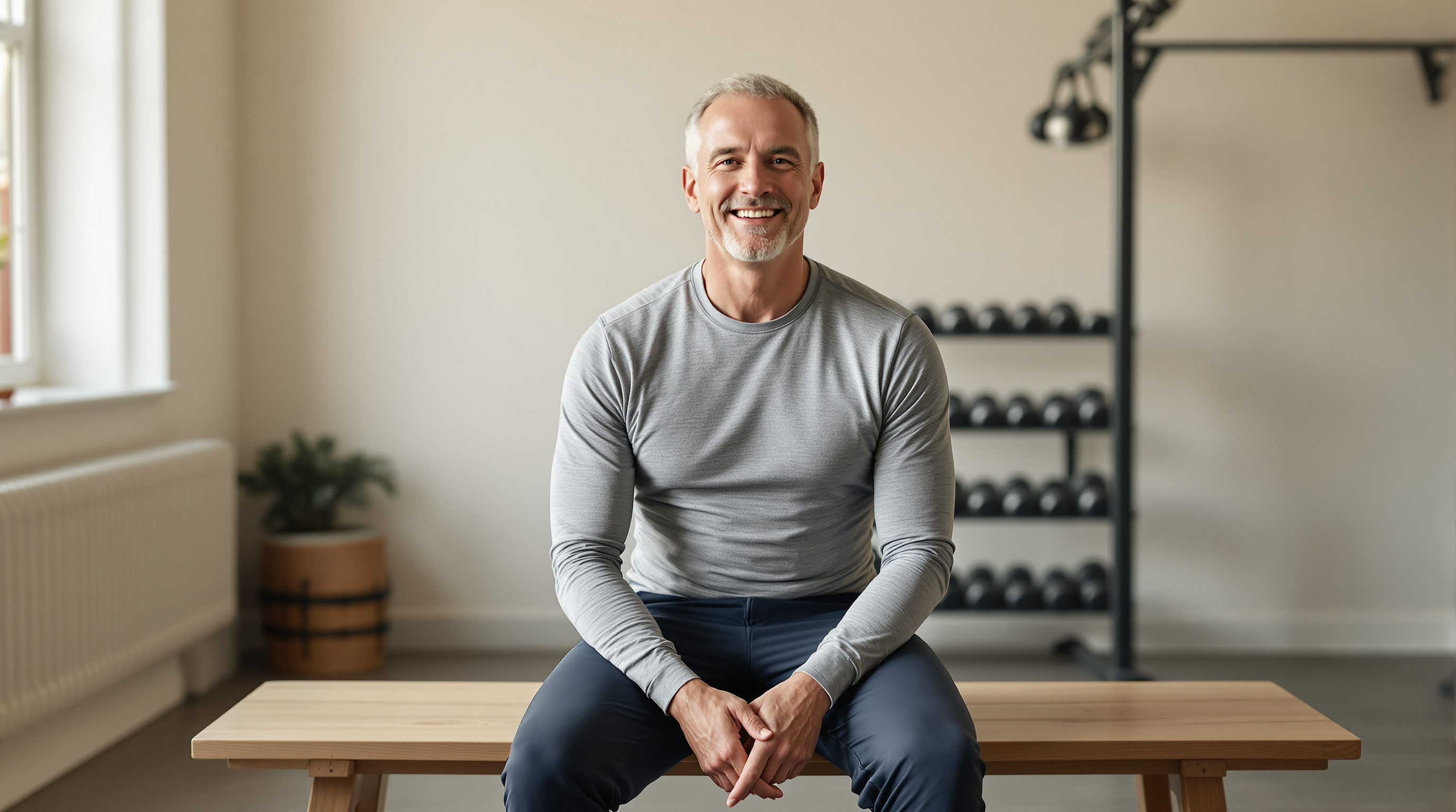 A man sits facing the camera on a gym bench, hands resting on his knees, a dumbbell rack out of focus behind him