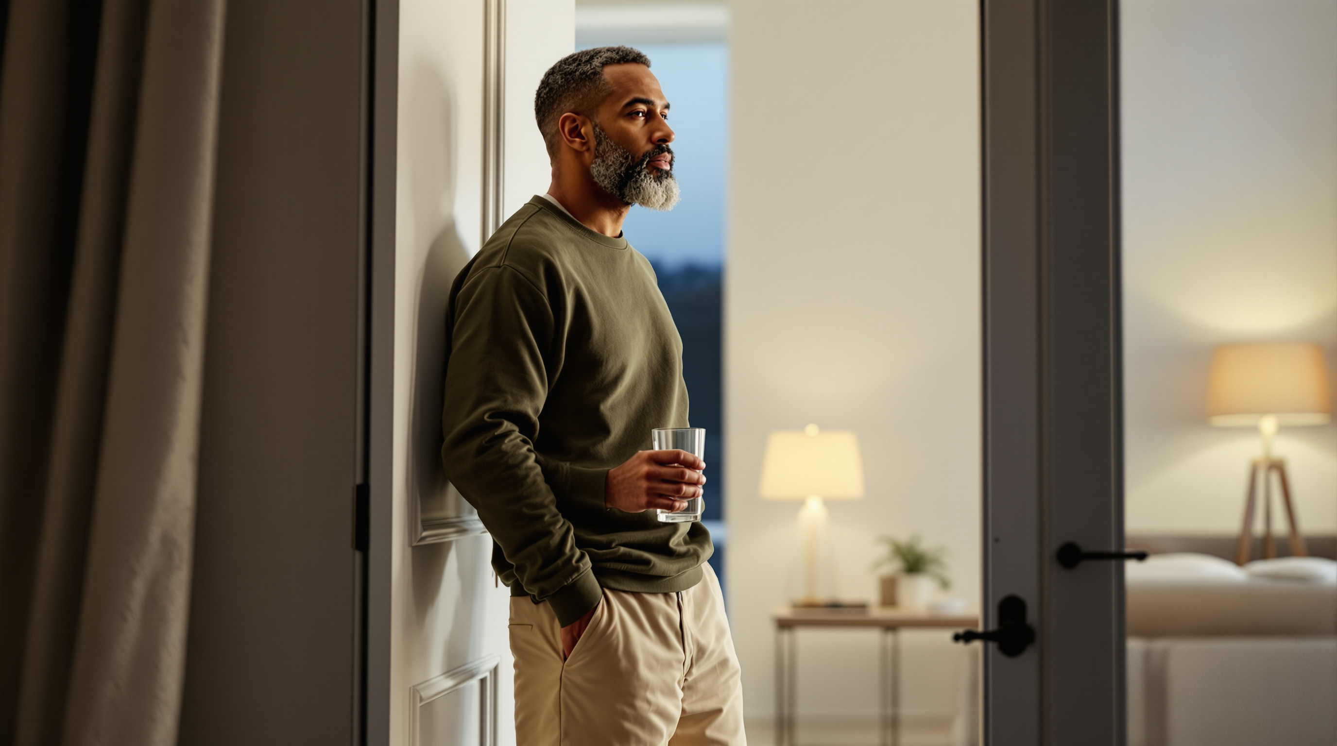 A man stands in an open doorway with a glass of water
