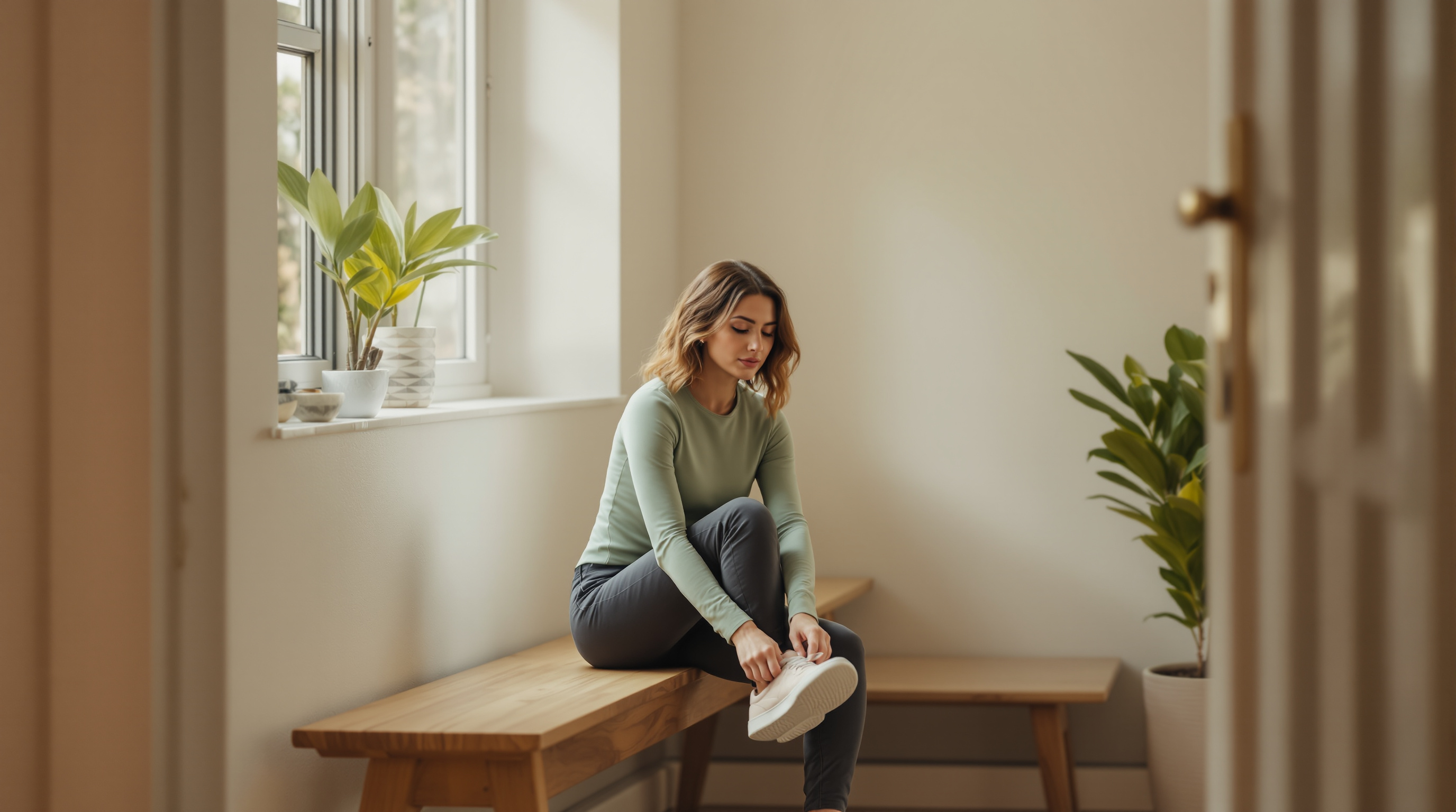 A woman in a sage top sits on an entryway bench and laces a shoe beneath a window