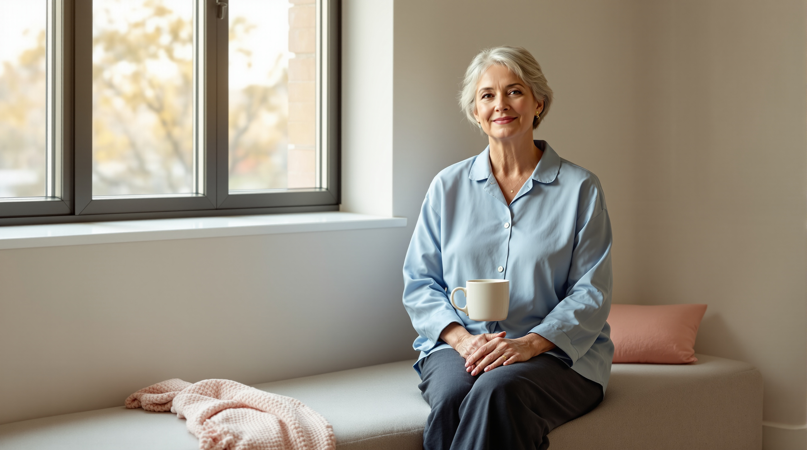 A woman seated calmly in a simple bedroom before bedtime