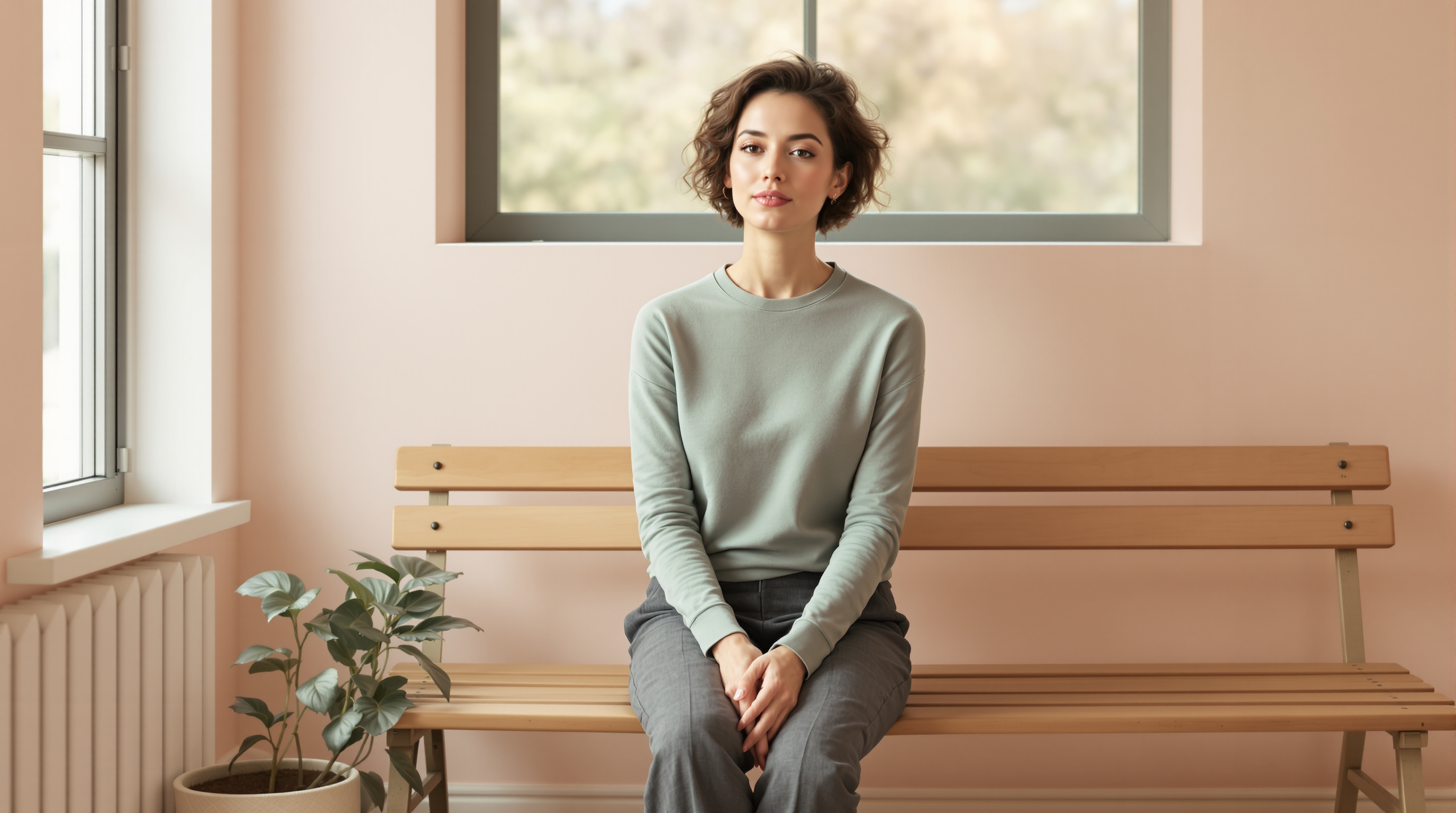 A woman in a sage top and charcoal trousers sits on a bench beneath a window