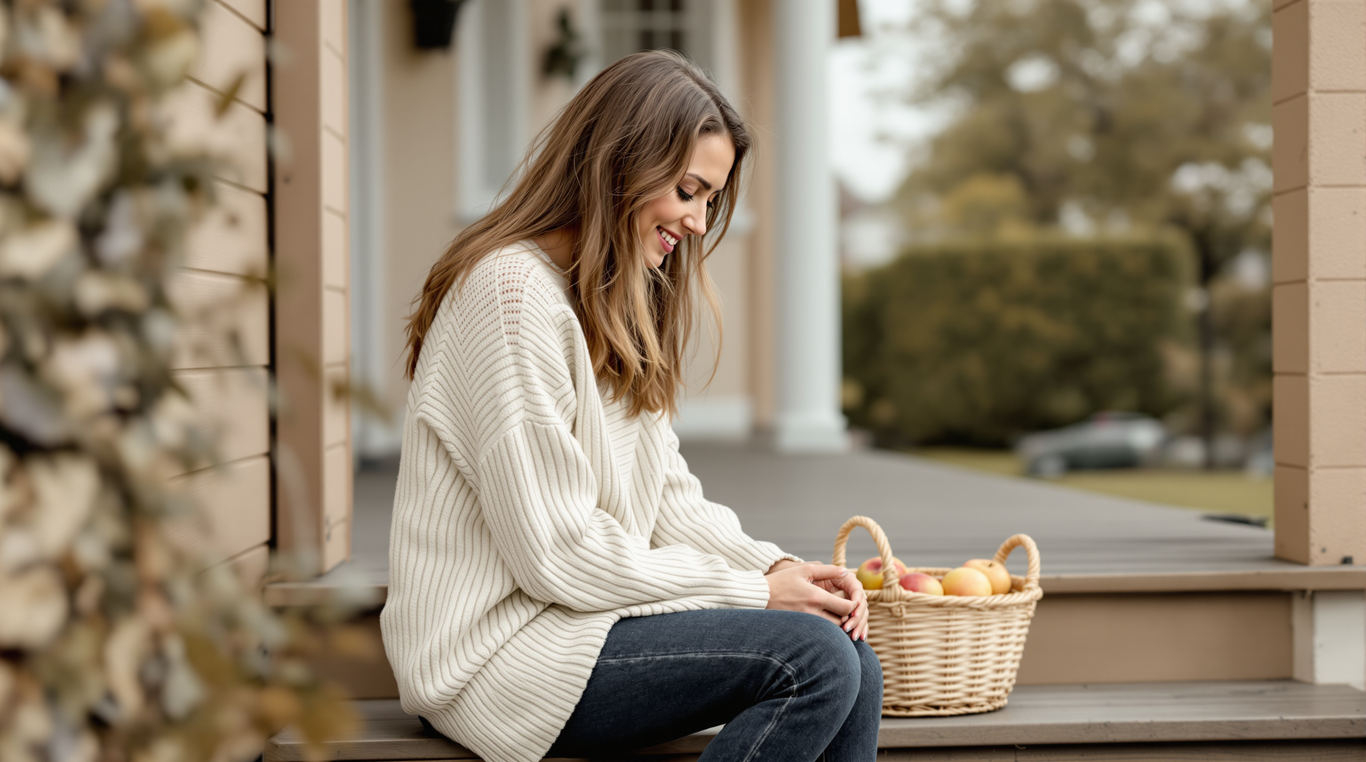 A woman sits on the front steps of a house beside a basket of apples