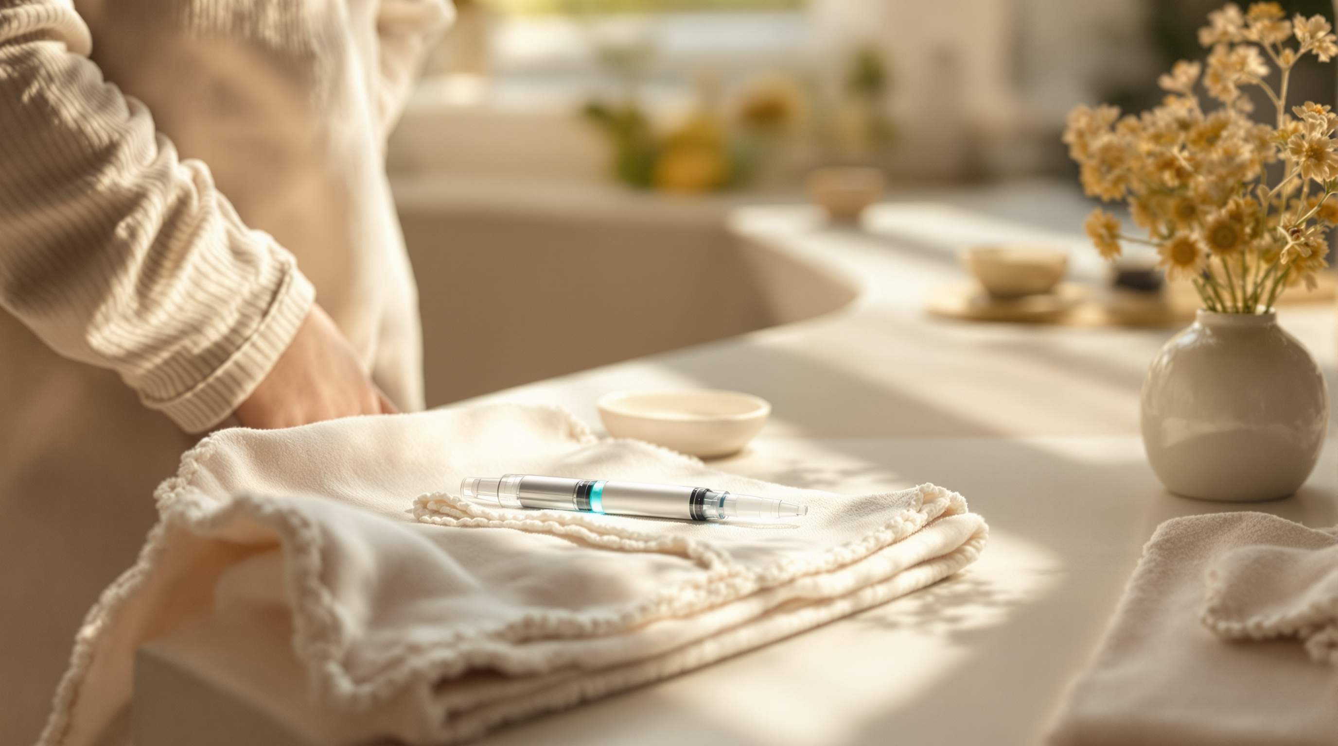 A clean, capped, unbranded injection pen rests on a folded towel on a sunlit table
