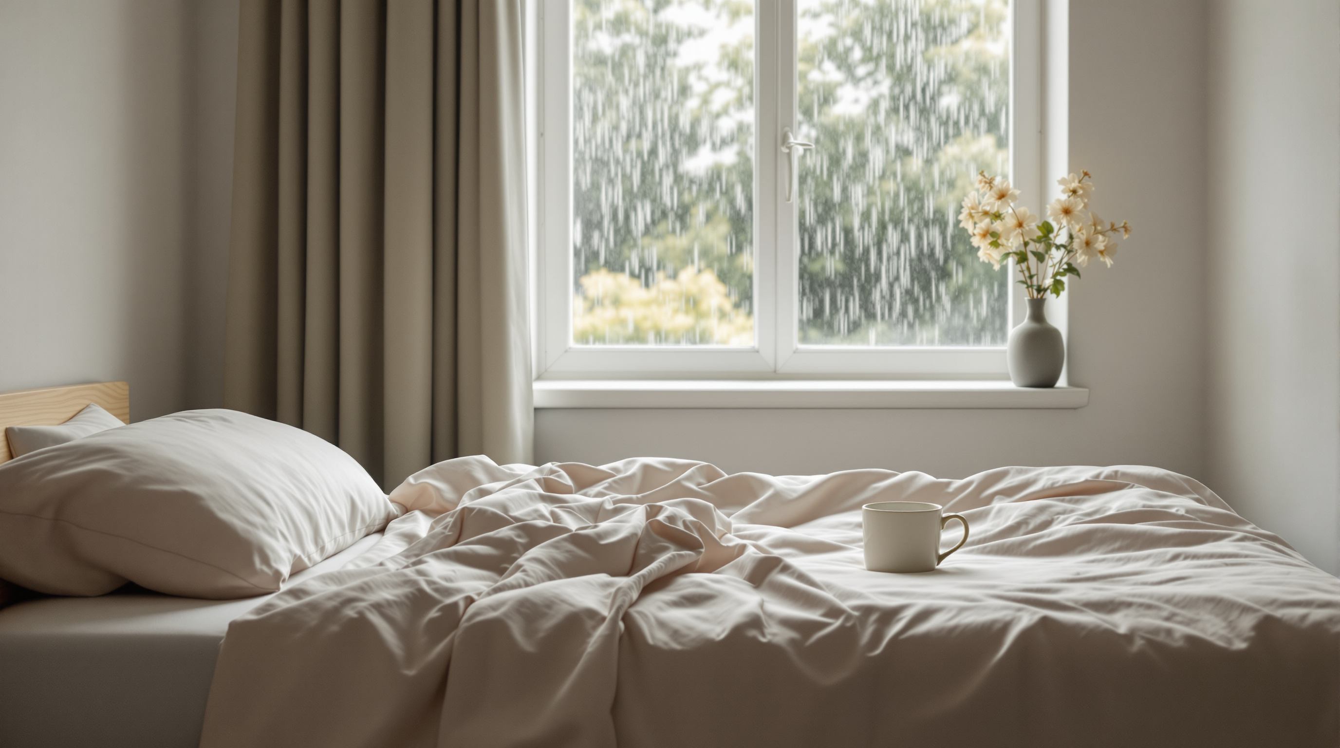 A made bed in a bare bedroom with a plain mug