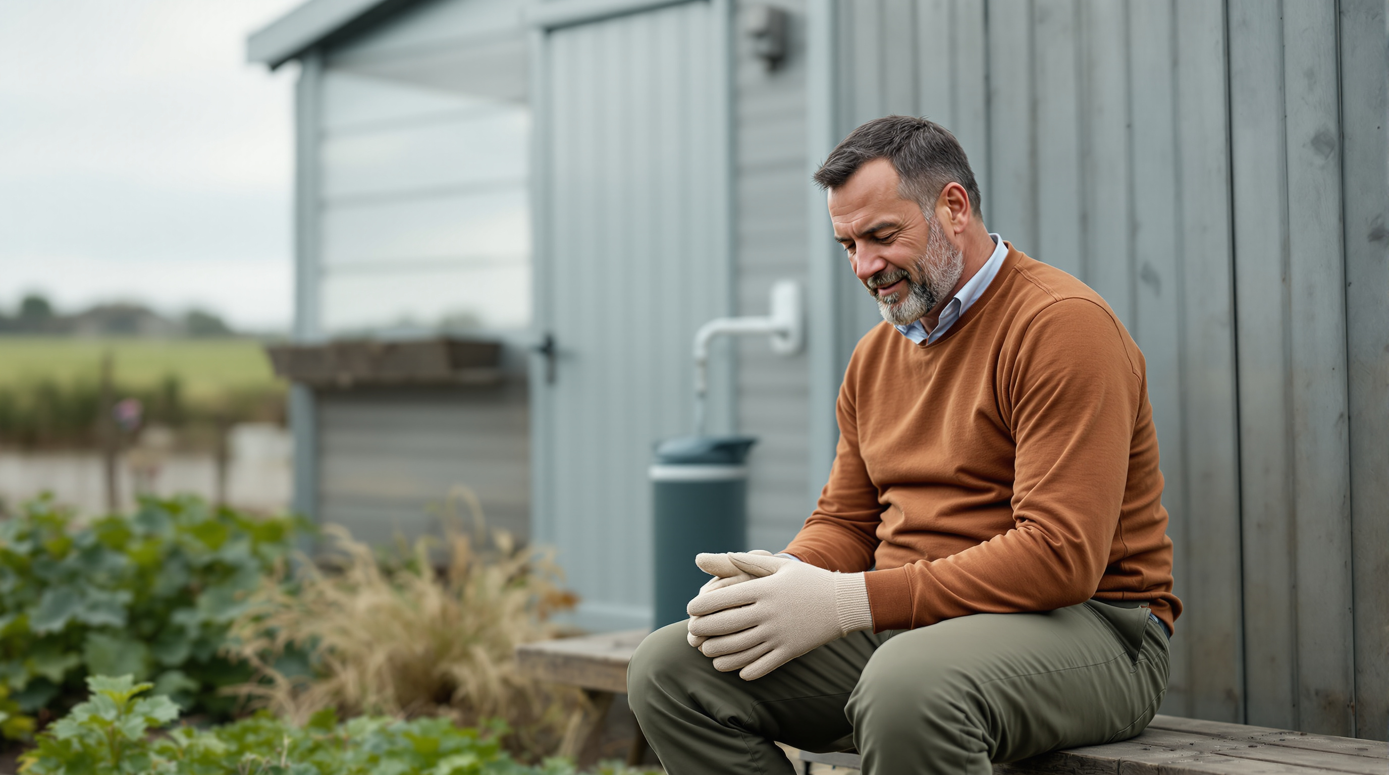 A man sits on a bench beside an allotment shed holding gardening gloves