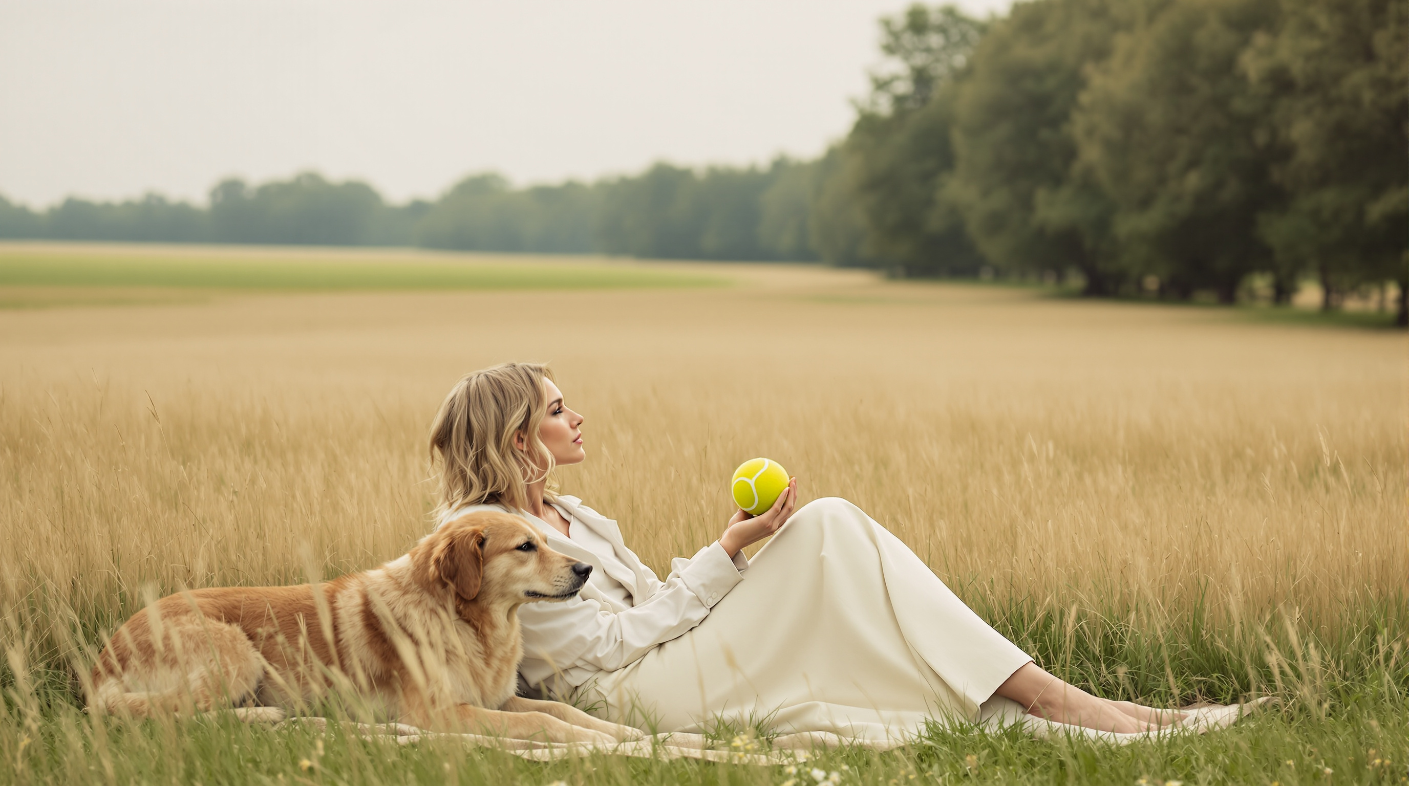 A woman sits on the grass beside a dog in a meadow holding a tennis ball