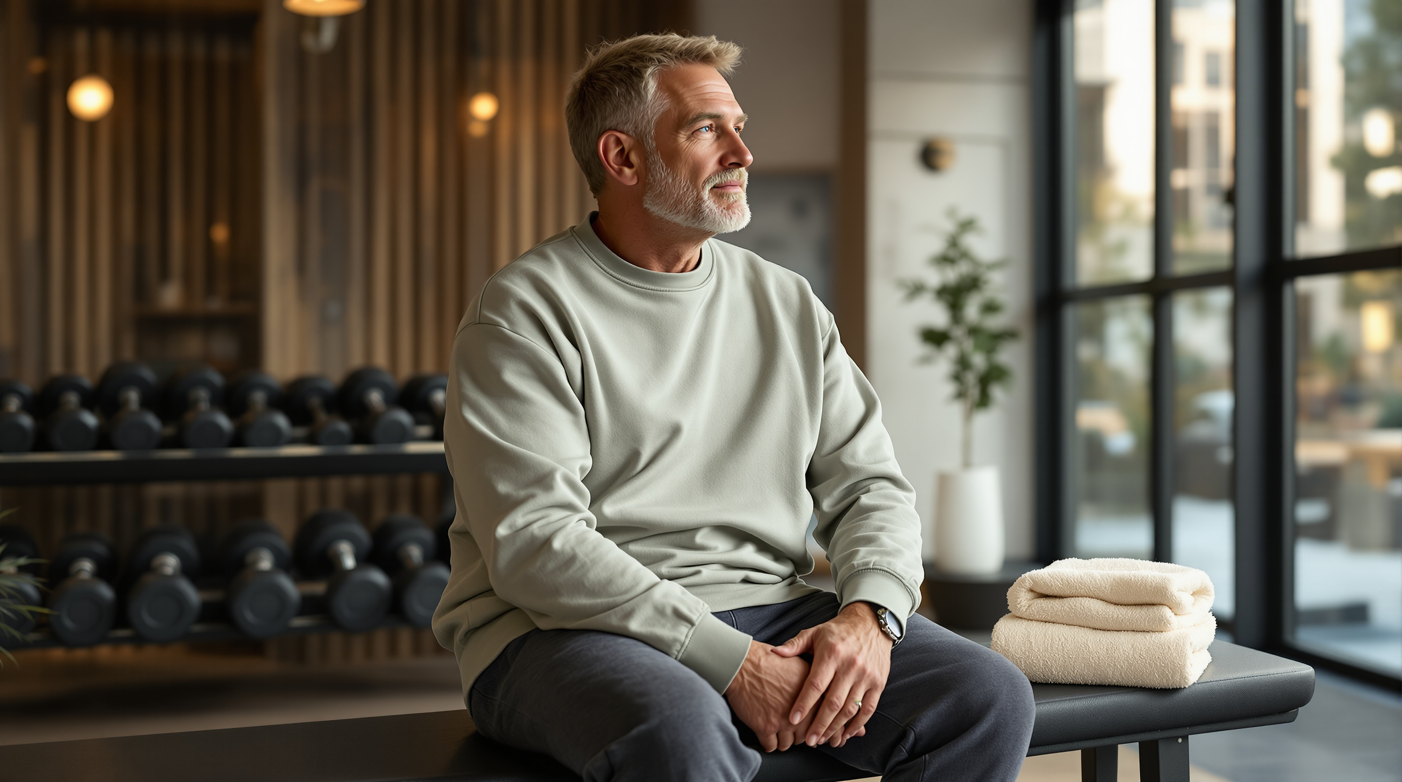 A man sits on a bench between sets in a quiet gym with a folded towel