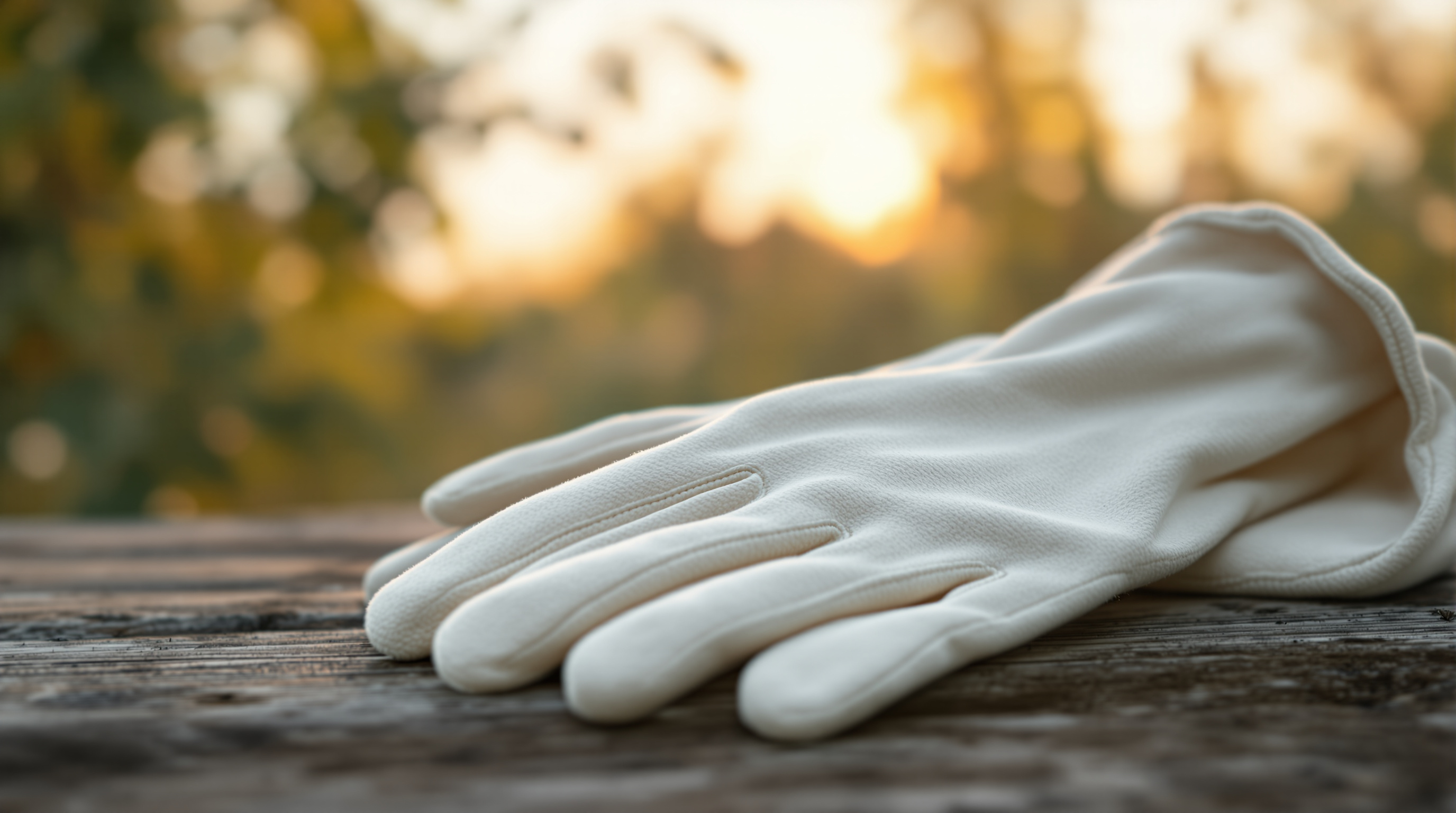 A pair of plain canvas gardening gloves on weathered wood, a close view