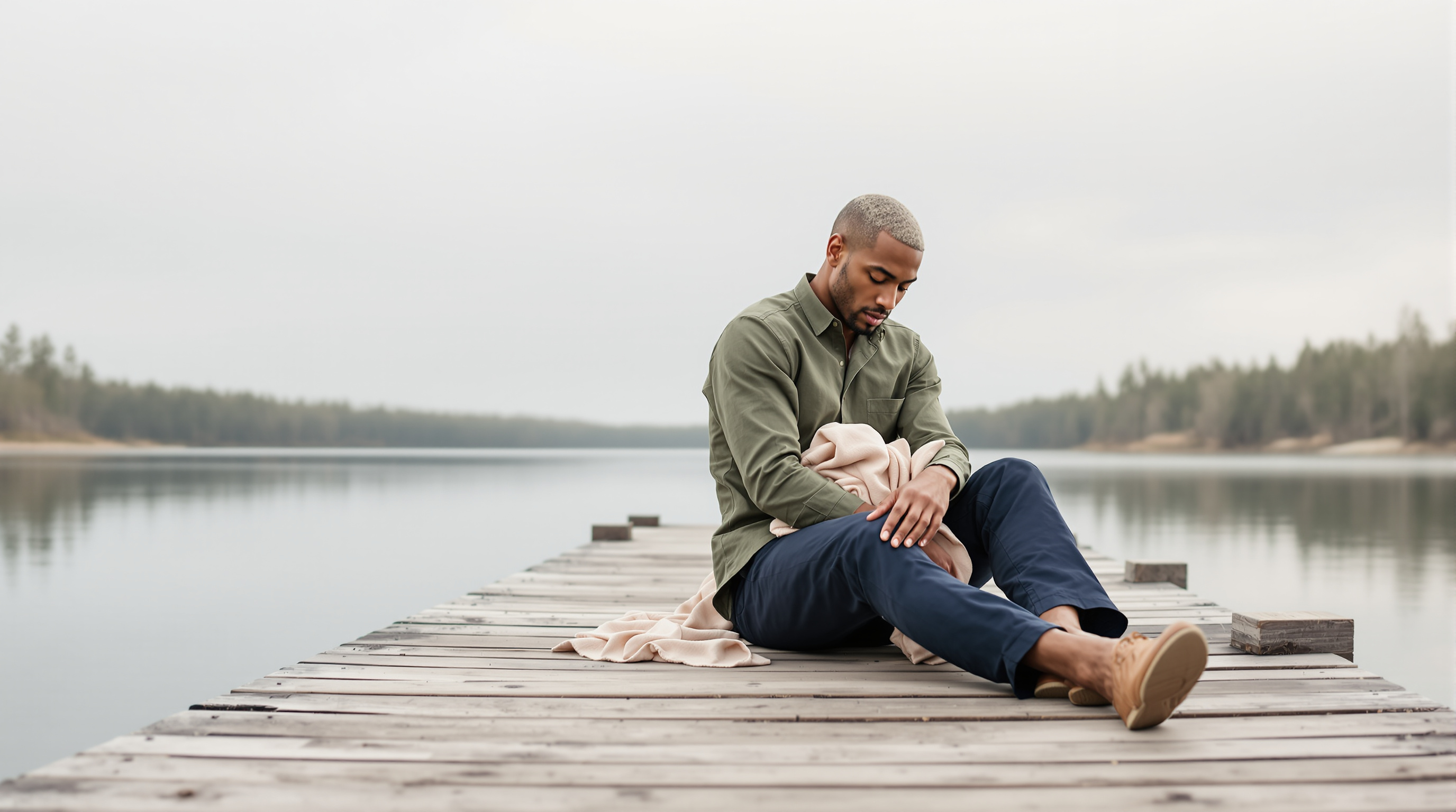 A man sits at the end of a lakeside dock with a folded scarf