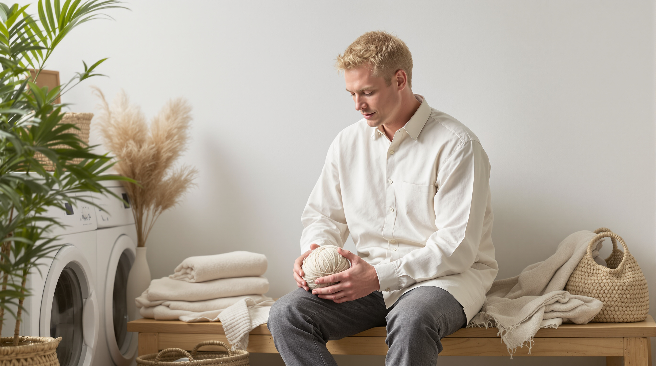 A man sits on a bench in a utility room with a ball of yarn