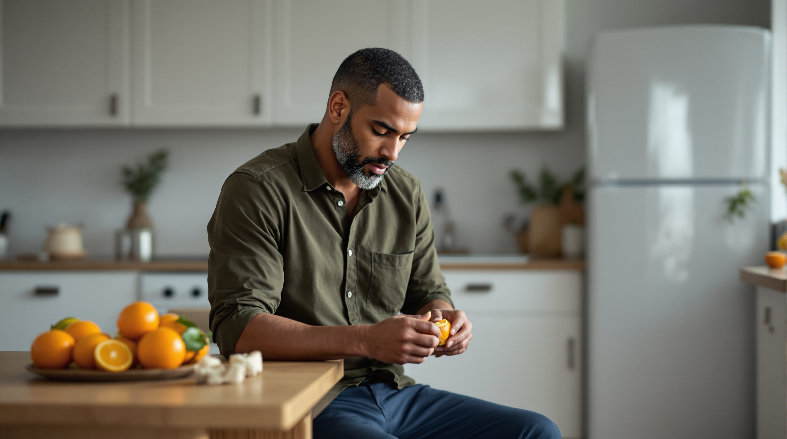 A man sits at a plain kitchen table peeling an orange