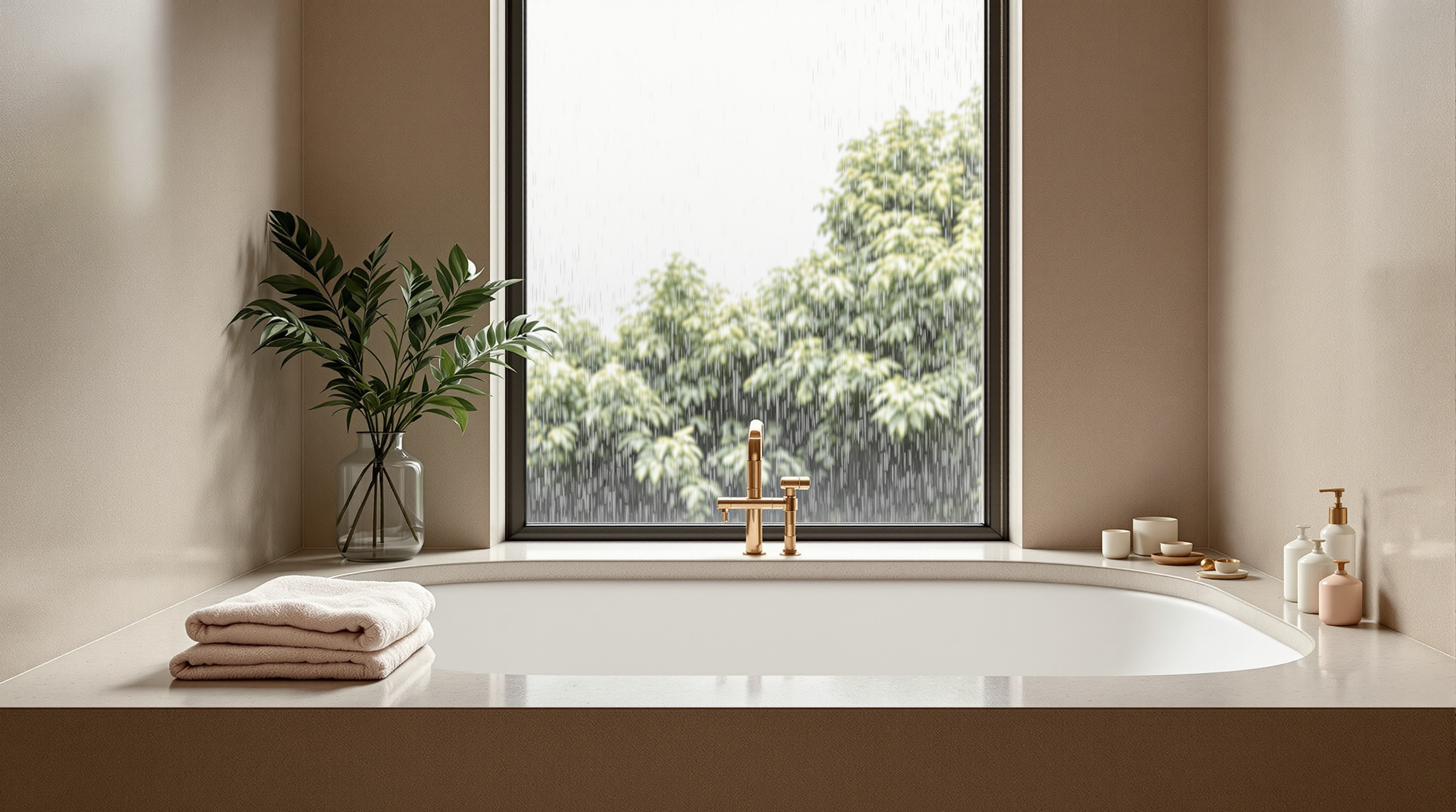 The edge of a bath in a calm bathroom