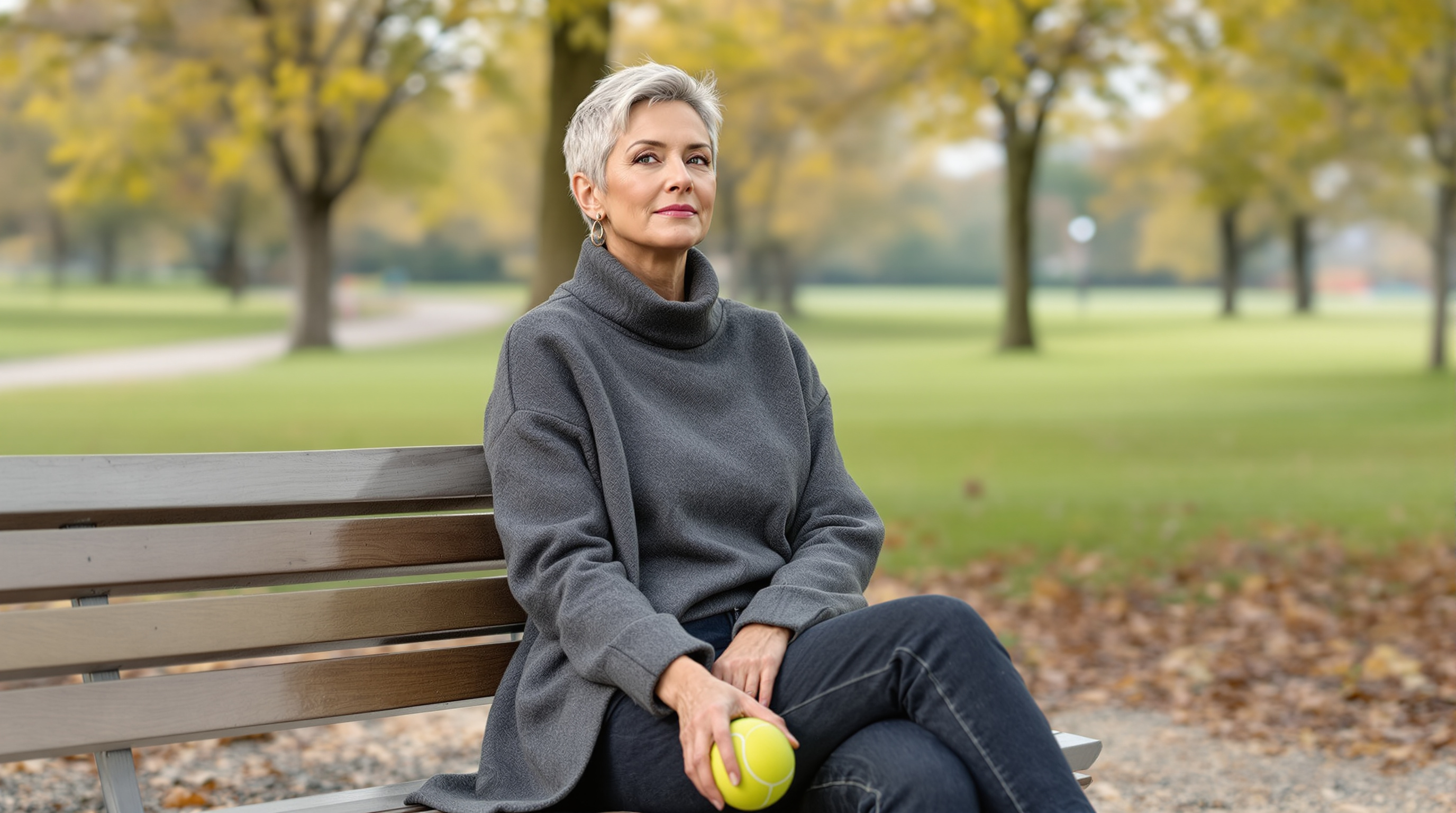 A woman sits on a park bench under trees holding a tennis ball