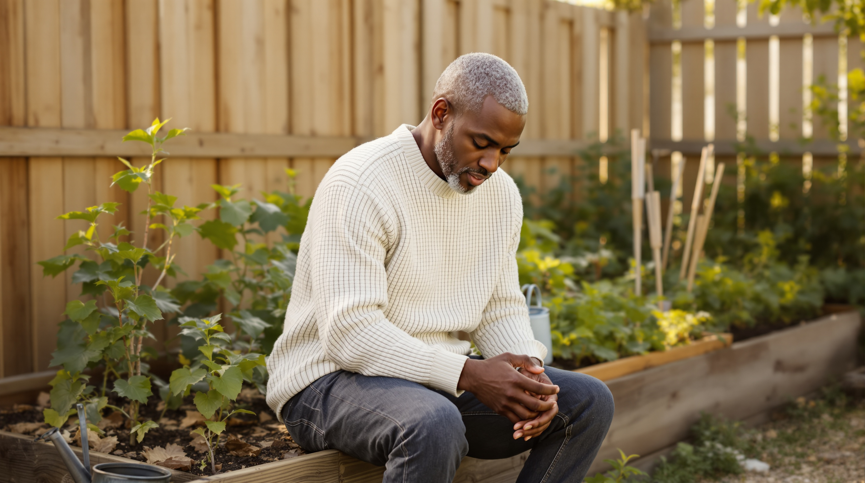 A man sits on the edge of a raised garden bed beside a watering can