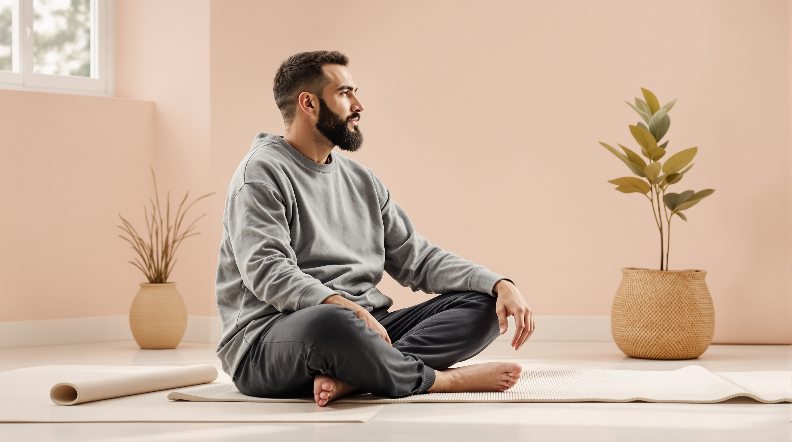 A man sits on a mat in a bright studio with a glass of water