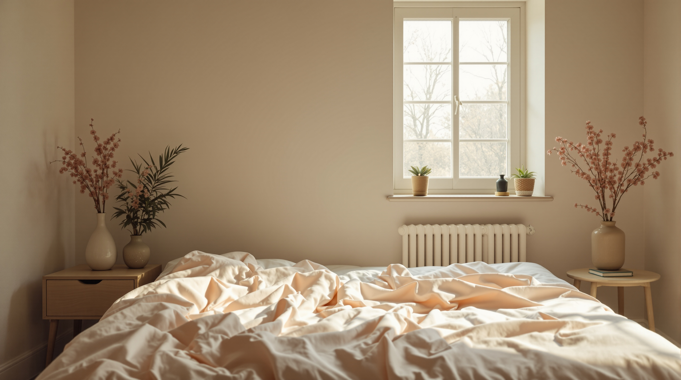 A made bed in a bare bedroom