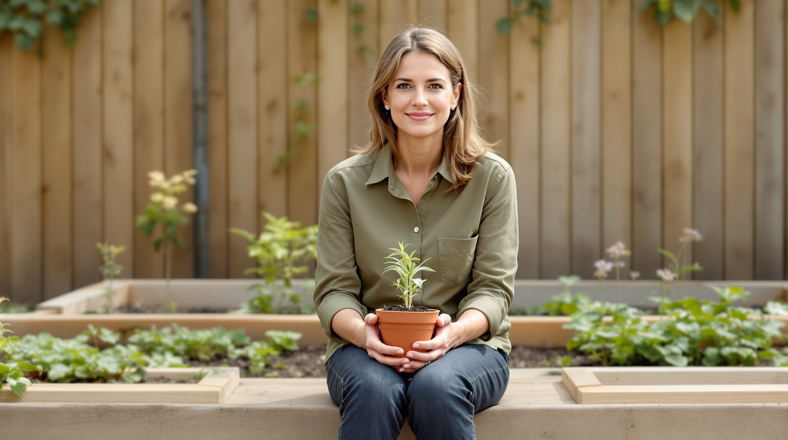 A woman sits on the wooden edge of a raised garden bed, a small pot of seedlings held in her lap.